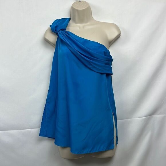 Baja East Blue One Shoulder top with frayed hem size 00 EUC - Picture 2 of 12